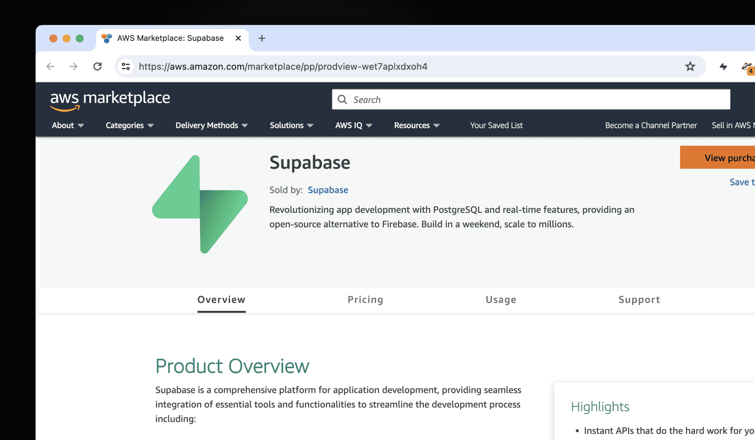 AWS marketplace landing page